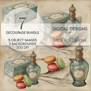 Può includere: Un pacchetto di design digitale con illustrazioni in stile vintage. L'immagine include scatole ornate, bottiglie di profumo e macarons colorati. Il testo sull'immagine recita "7 DECOUPAGE BUNDLE, 5 OBJECT IMAGES, 2 BACKGROUNDS, 300 DPI, DIGITAL DESIGNS BY VivaDigiPatterns."