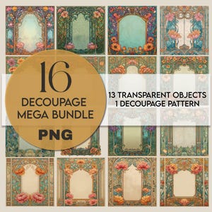 Può includere: Un foglio di collage digitale con 16 disegni decoupage in stile vintage. I disegni presentano cornici ornate con elementi floreali e botanici nei toni del verde acqua, pesca e oro. Il testo sull'immagine recita "16 DECOUPAGE MEGA BUNDLE PNG".