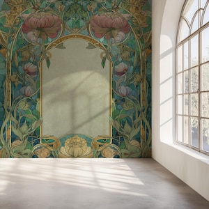May include: A decorative wall mural featuring an Art Nouveau floral design. The mural showcases a central frame surrounded by stylized flowers and foliage in shades of green, blue, pink, and gold. The room has a large arched window.