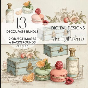 Puede incluir: Paquete de decoupage digital con 13 diseños, que incluyen 9 imágenes de objetos y 4 fondos. La imagen muestra ilustraciones de estilo vintage de frascos de perfume, macarons, cajas decorativas y elementos florales. Diseños de VivaDigiPatterns.