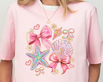 Pastel Starfish Bow T-Shirt, Coastal Shell and Ribbon Graphic Sweater, Girly Ocean Star Spring Shirt, Soft Girl Aesthetic Tee Gift