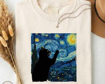 Van Gogh Cat Shirt, Vintage Art T-shirt, The Starry Night Black Cat Top, Artistic Cat Lover Gift, Museum Style Tee, Funny Art Lover Sweater