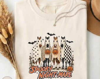T-shirt Cauchemar Effrayant, T-shirt Cheval Halloween Drôle, T-shirt Cheval Fantôme Rétro, Sweat-shirt Western Halloween, Vêtements Graphiques Équestres Automne