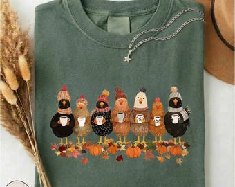 Fall Chickens Coffee Shirt, Cozy Autumn Chicken Tee, Farmhouse Fall T-Shirt, Chicken Lover Gift, Pumpkin Season Sweater, Farmer Autumn Top