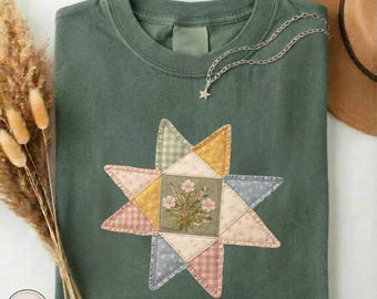 Comfort Colors Quilt Star Shirt, Faux Patchwork T-shirt, Print Only-Not a Patch, Cottagecore Style T-shirt, Rustic Country Patch Sweatshirt