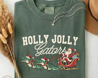 Holly Jolly Gators Shirt, Santa Alligator Christmas Comfort Colors Tee, Funny Gator Sleigh T-Shirt, Festive Xmas Top, Santa Claus Sweatshirt