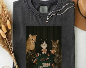 Vintage Cats Playing Poker Meme Shirt, Funny Cat Lover Graphic T-shirt, Retro Animal Humor Sweater, Menswear Streetwear, Gift For Boyfriend