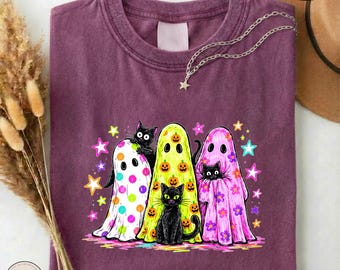 Black Cat Ghost Shirt, Comfort Colors Halloween Cat Tee, Spooky Ghost Kitty T-shirt, Fall Cat Lover Gift, Colorful Spooky Season Sweatshirt