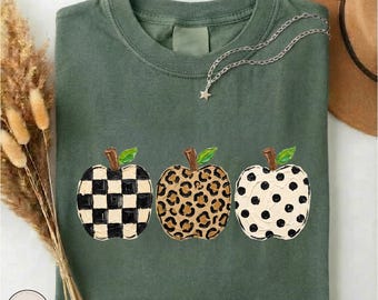 Patterned Apple Shirt, Checkered Leopard Polka Dot Apple Tee, Fall School Teacher Comfort Colors T-shirt, Back to School Autumn Sweatshirt