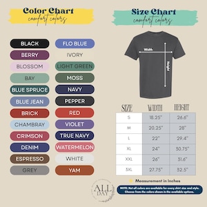 The image is a color chart and size chart for a t-shirt, providing a visual representation of different color options and corresponding measurements.