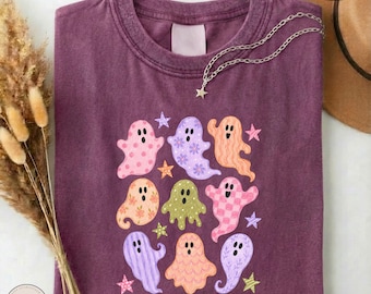 Cute Ghost Halloween Shirt, Pastel Aesthetic Ghosts Comfort Colors Tee, Girly Spooky Season Top, Colorful Aesthetic Halloween Gift for Her
