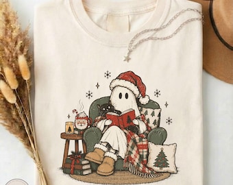 Cozy Christmas Ghost Reading Shirt, Santa Ghost Black Cat Comfort Colors Tee, Cute Spooky Holiday Graphic T-Shirt, Cottagecore Xmas Sweater