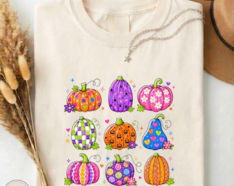 Colorful Pumpkin Shirt, Cute Fall Pumpkin Tee, Preppy Pumpkin Season T-shirt, Girly Autumn Graphic Top, Comfort Colors Fall Halloween Gift