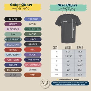 The image is a color chart and size chart for a t-shirt, providing a visual representation of different color options and corresponding measurements.