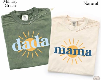 Chemise Premier voyage autour du soleil, haut graphique Mama Dada Sunshine, t-shirt faire-part de naissance, t-shirt assorti pour maman et papa, pull pour nouvelle maman