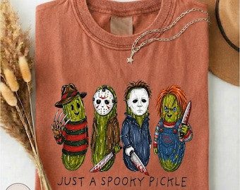 Just A Spooky Pickle Shirt, Funny Horror Movie Characters T-Shirt, Halloween Pickle Lover Tee, Horror Fan Gift, Spooky Season Comfort Colors