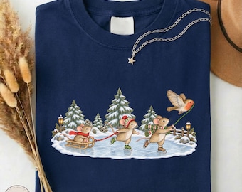Woodland Mice Ice Skating Shirt, Christmas Robin Winter Scene Tee, Forest Animal Comfort Colors T-shirt, Cozy Xmas Holiday Sweatshirt