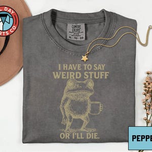 May include: A gray Comfort Colors t-shirt with the text "I HAVE TO SAY WEIRD STUFF OR I'LL DIE" and a frog illustration. A gold star pendant necklace and a brown hat are also in the image. The shirt is size XL-TG-EG.