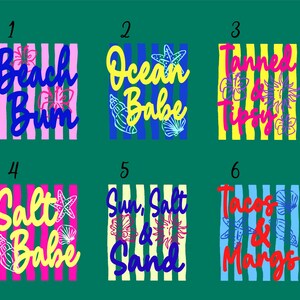 six colorful squares, each with a different beach-themed design or text. The squares are arranged in a grid format, with three rows and two columns.