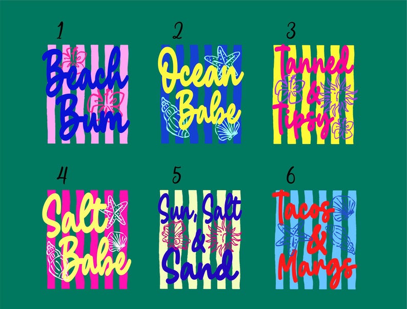six colorful squares, each with a different beach-themed design or text. The squares are arranged in a grid format, with three rows and two columns.