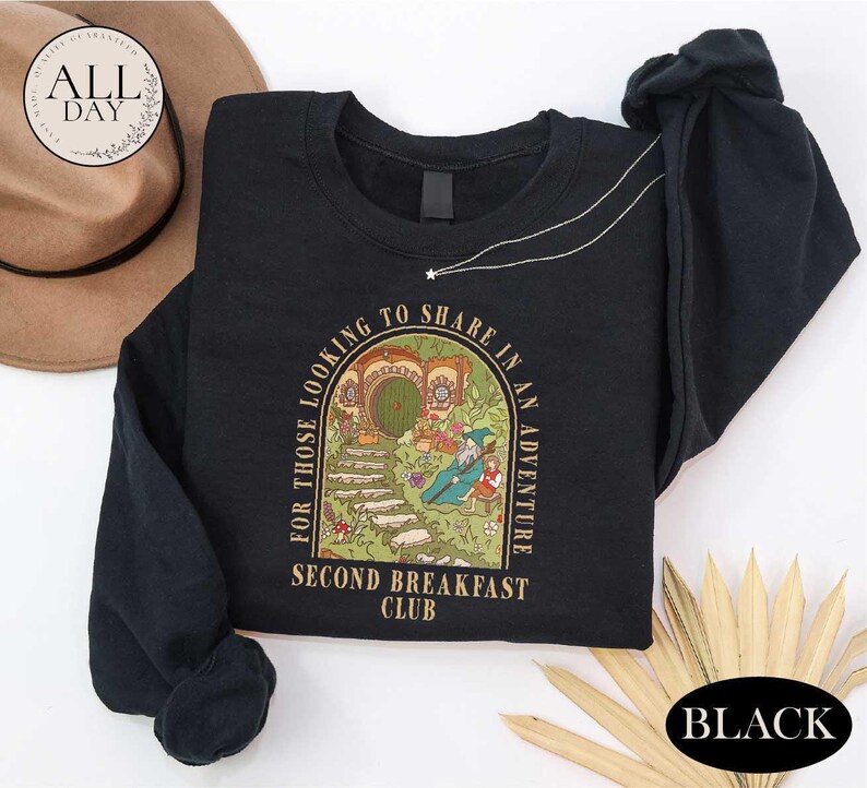 Second Breakfast Club Shirt, Adventure Bookish T-shirt, Fantasy Book Lover Top, Middle-Earth Fan Inspired Apparel, Cottagecore Sweatshirt Bild 7