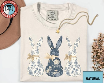 T-shirt lapin fleuri, T-shirt lapin bleu fleuri, Pull de Pâques à nœud papillon, Sweat-shirt lapin tendance, Haut assorti pour Pâques