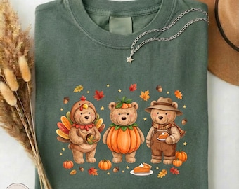 Thanksgiving Teddy Bears Shirt, Cute Turkey Pumpkin Bear Comfort Colors Tee, Fall Harvest Graphic Sweatshirt, Autumn Kids Gift T-shirt