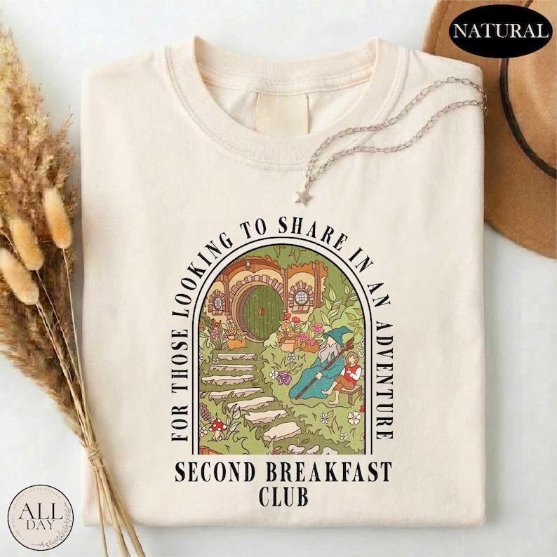 Second Breakfast Club Shirt, Adventure Bookish T-shirt, Fantasy Book Lover Top, Middle-Earth Fan Inspired Apparel, Cottagecore Sweatshirt Bild 3