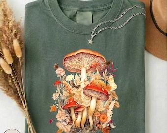 chemise champignon vintage, t-shirt nature cottagecore, t-shirt champignon hippie couleurs confort, pull art forêt rétro, cadeau graphique pour les amateurs de champignons