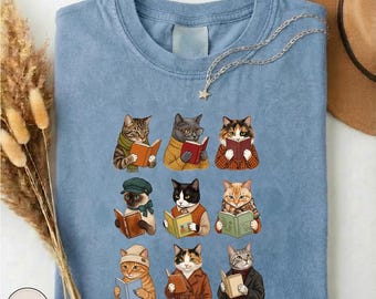 Cats Reading Books Shirt, Funny Cat Lover T-Shirt, Bookish Cat Tee, Librarian Gift Sweater, Kitten Collage Graphic Top, Book Club Apparel