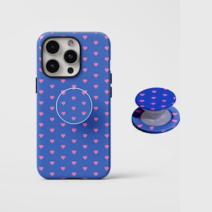 Capa para celular azul com pequenos corações rosa, estampa retrô com textura de bolinhas estilo anos 2000, para iPhone 17, 16, 15 Pro Max, Samsung S26, S25, suporte magnético compatível com MagSafe.