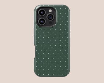 Dark Green With Small White Dots Phone Case,Retro classic girly gift,Cover For iphone17 16 15 ProMax,Samsung S25 S24,Compatible With Magsafe