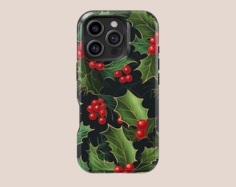Christmas patterns Phone Cover,Dark green holly leaves,Bright red berries,iPhone 17 16 15 14 13 12 11 Pro,Samsung S30 S25 S24 S23 S22 S21 FE