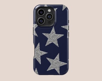 Retro Silver Stars Phone Case,Dark blue Trendy Y2K Aesthetic,Cover For iphone 17 16 15 14 13 12 11 Pro Max,Samsung S30 S25 S24 S23,Magsafe
