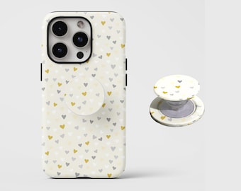 Simple Hearts Phone Case,Pastel Heart Pattern Light gray,Pale gold, iphone 17 16 15 ProMax,Samsung S25 S24,MagSafe compatible magnetic stand
