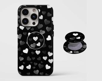 Black, gray and white heart Phone Case,Retro Minimalist,For iphone 17 16 15 14 Pro,Samsung Galaxy S25 S24,MagSafe compatible magnetic stand