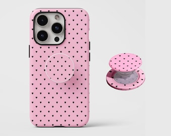 Light pink and black hearts Phone Case,Retro Classic Minimalist Girl,For iphone 17 16 15,Samsung S25 S24,MagSafe compatible magnetic stand