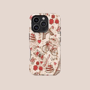 May include: A phone case with a cream background and a repeating pattern of red and brown Parisian icons. The design includes the Eiffel Tower, bicycles, hearts, flowers, cameras, and the word "Love".