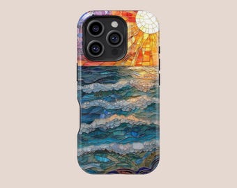Stained Glass Beach Sunset Phone Case,Coastal Seashell Ocean Art,Beach Lovers Gift,For iphone 17-11 ProMax,Samsung S30-S20 FE Ultra,MagSafe