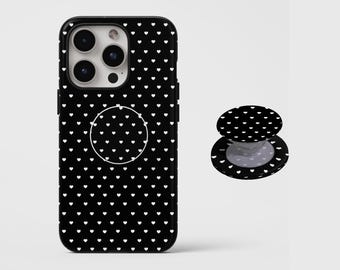 Black and white hearts Phone Case,Retro Classic Minimalist Girl,For iphone 17 16 15 ProMax,Samsung S25 S24,MagSafe compatible magnetic stand