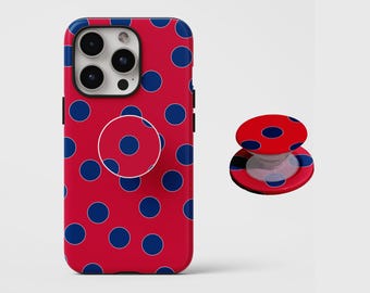 Retro Red‑navy Polka Dot Phone Case,Minimal Classic Pop Art Print,For iphone 17 16 15 Pro,Samsung S26 S25,MagSafe compatible magnetic stand