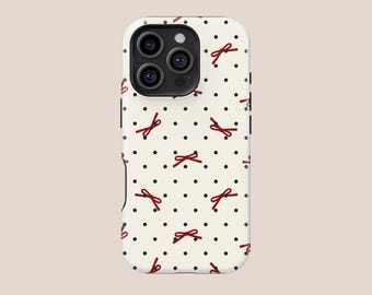 Off-white & Black Polka Dots Phone Case,Red bow Design,Retro girl style,For iPhone 17 16 15 14 13 12 11 Pro Max,Samsung S25 S24 S23 S20 FE
