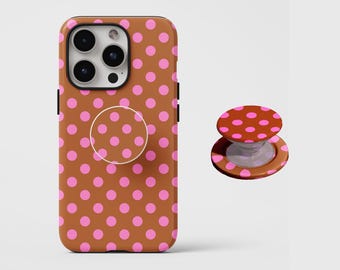 Capa para celular marrom com bolinhas rosa-claro, estilo clássico feminino Y2K, para iPhone 17, 16 Pro Max, Samsung S25, S24, compatível com suporte magnético MagSafe.