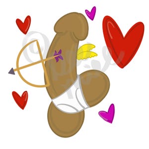 Puede incluir: Ilustración de dibujos animados de una figura marrón con ropa interior blanca, con alas amarillas y una flecha púrpura que la atraviesa. Corazones rojos y rosas y un arco y una flecha también están en la imagen. La imagen está sobre un fondo blanco.