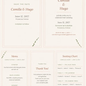 Peut inclure: Un ensemble de cinq cartes de papeterie de mariage blanc cassé avec des bordures fines et des accents de feuilles vertes. Les cartes comprennent un Save the Date, une invitation, un menu, un remerciement et un plan de table pour Camille et Hugo.