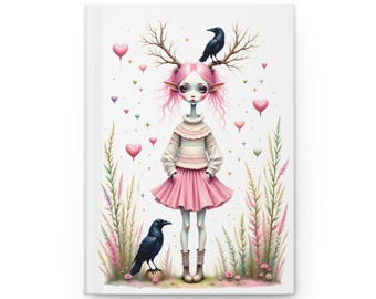 Whimsical Alien Reindeer Elf Girl Hardcover Journal | Heart Notebook, Girl Fantasy, Crow Lovers. Pink Hair