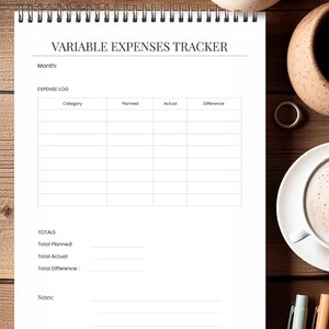Puede incluir: Un cuaderno en espiral blanco con el título "VARIABLE EXPENSES TRACKER". Contiene secciones para el seguimiento de gastos, incluyendo categorías, cantidades planificadas, reales y diferencias. Bolígrafos y una taza de café sobre una superficie de madera.
