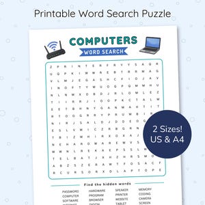 May include: A printable word search puzzle titled COMPUTERS WORD SEARCH with a router and laptop icon. The grid contains letters and a list of hidden words including PASSWORD, COMPUTER, and HARDWARE. A dark blue circle states 2 Sizes! US & A4.