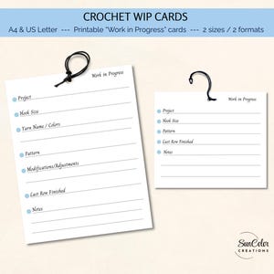 May include: Two white printable crochet WIP (Work in Progress) cards with black hanging loops. The cards have lines for project details, hook size, yarn colors, pattern, modifications, and notes. The text "CROCHET WIP CARDS" is at the top.