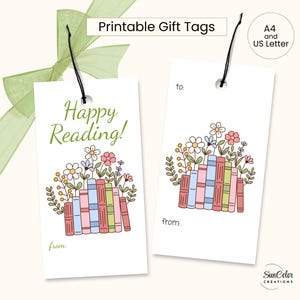 Book Lovers Gift tag, Flowers, Cute,Reading, Reader, Printable, Label